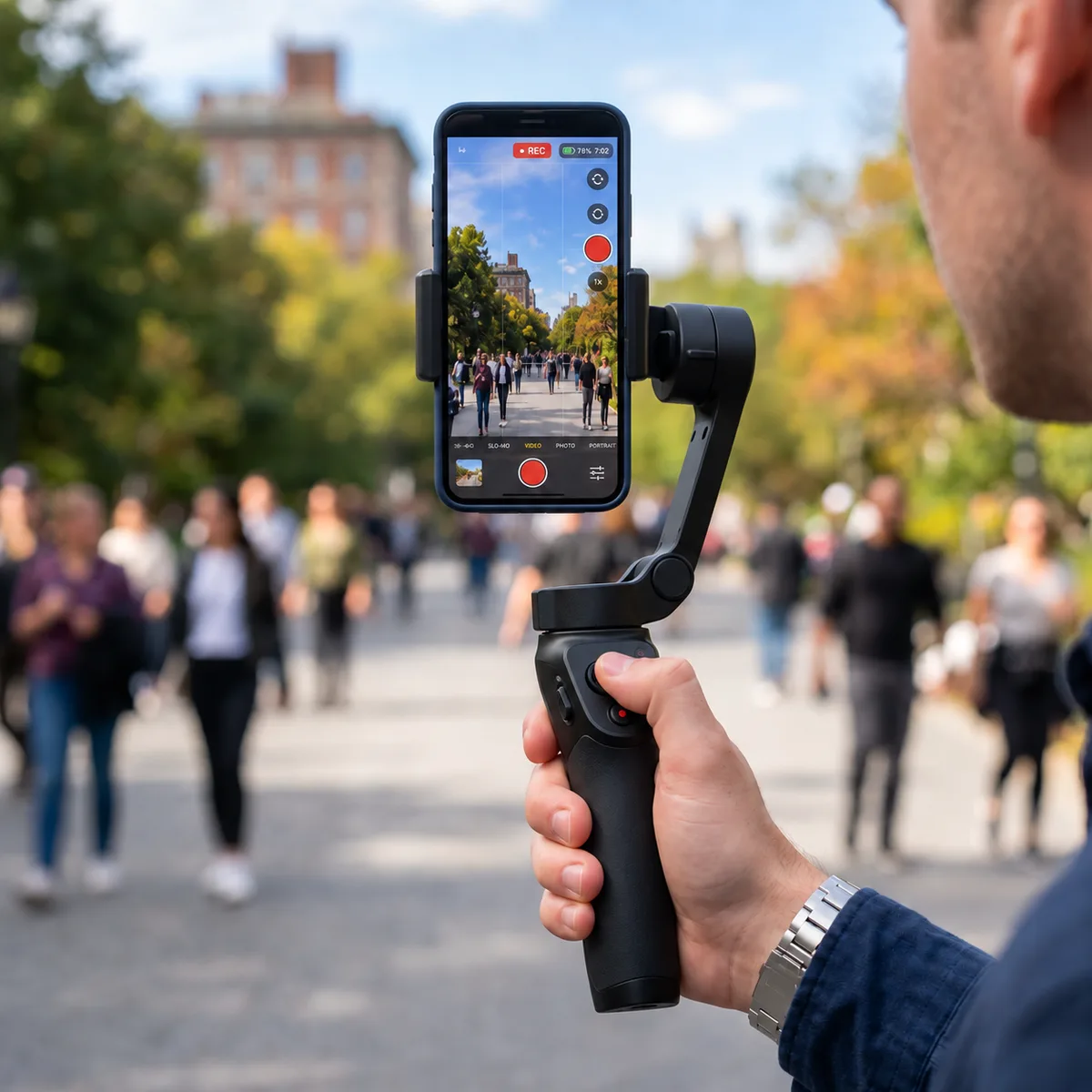 Eine Hand hält einen Gimbal mit angeklemmtem Smartphone