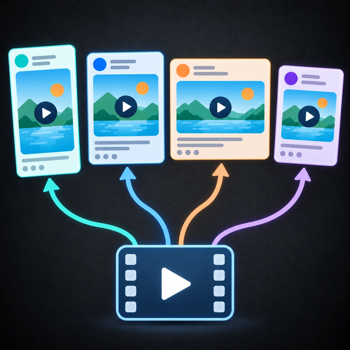 Ein Video verzweigt sich auf vier Social-Media-App-Icons